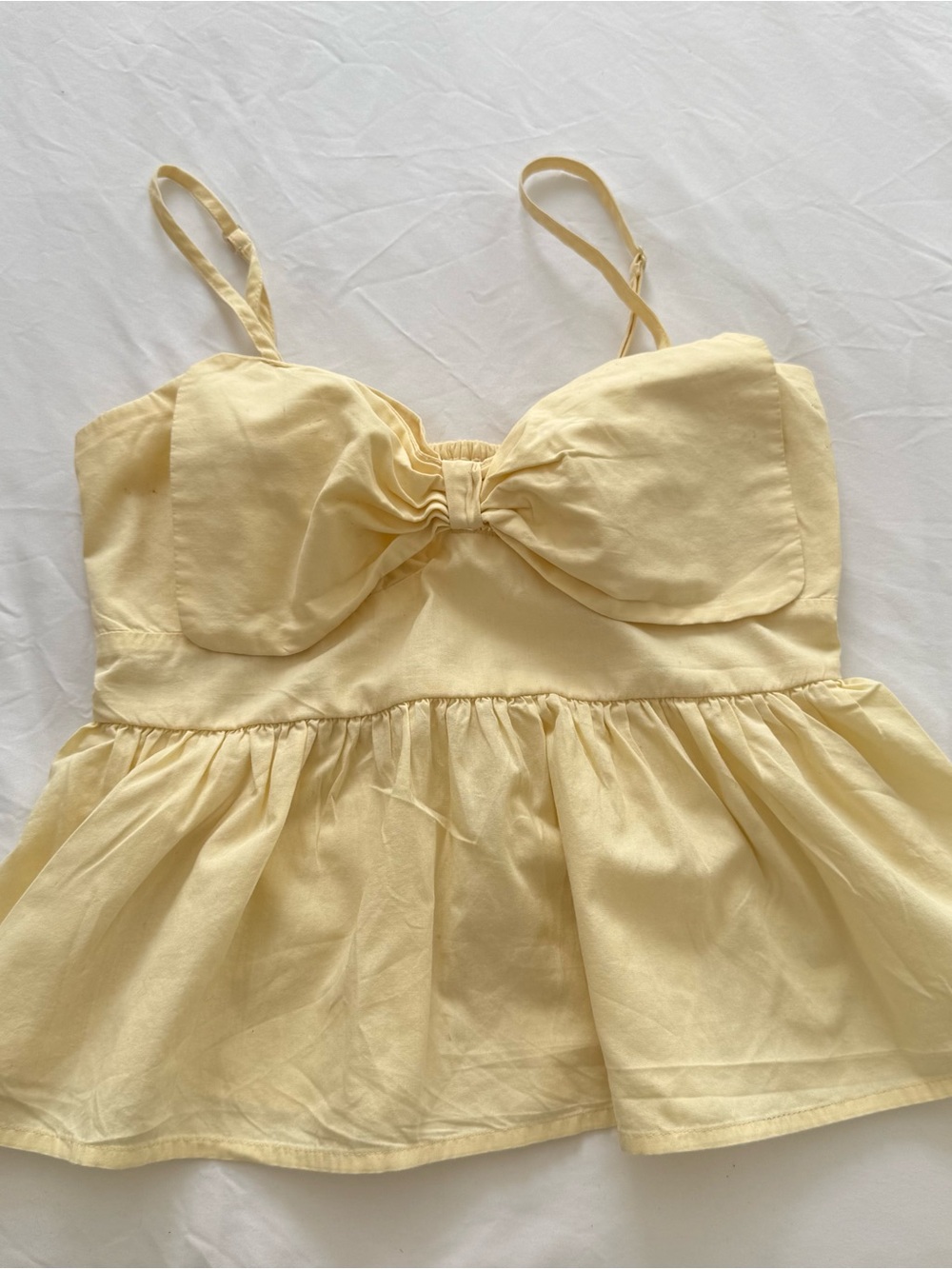 Yellow Babydoll Tank Top Bow Front Peplum Smocked Back | Size M | EUC